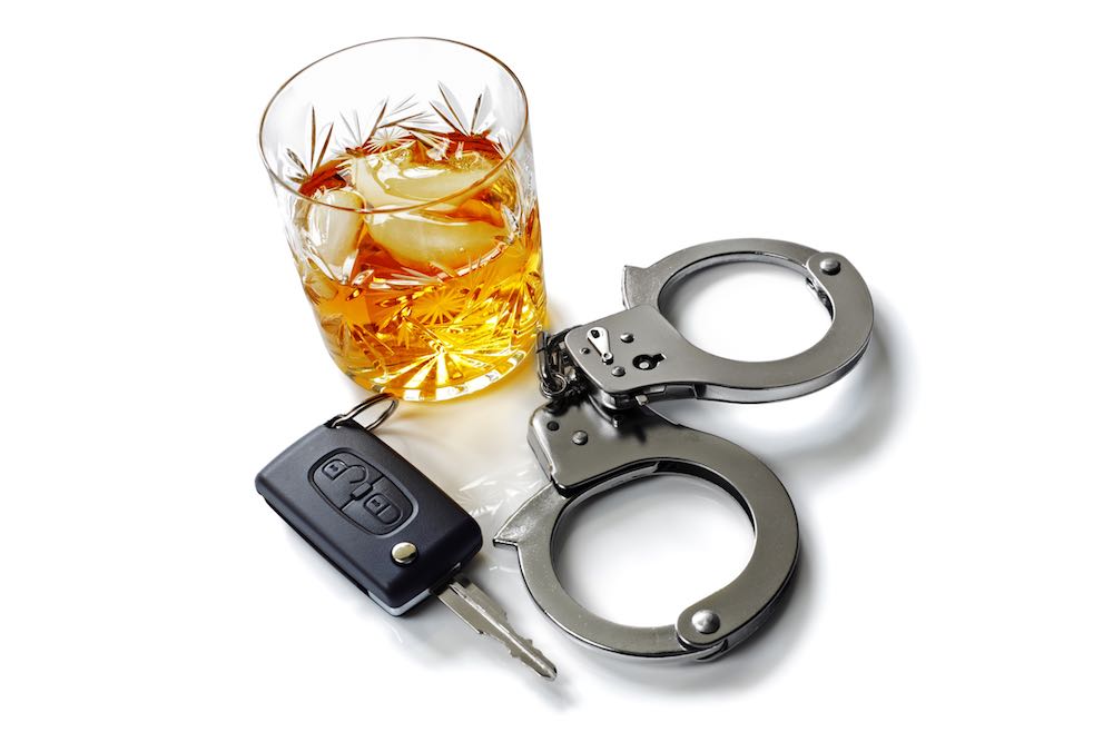 DUI - A drink, car keys and police handcuffs